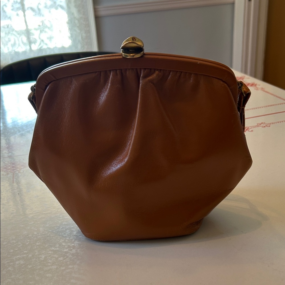 Vintage Tan Leather Clutch with Gold Accent